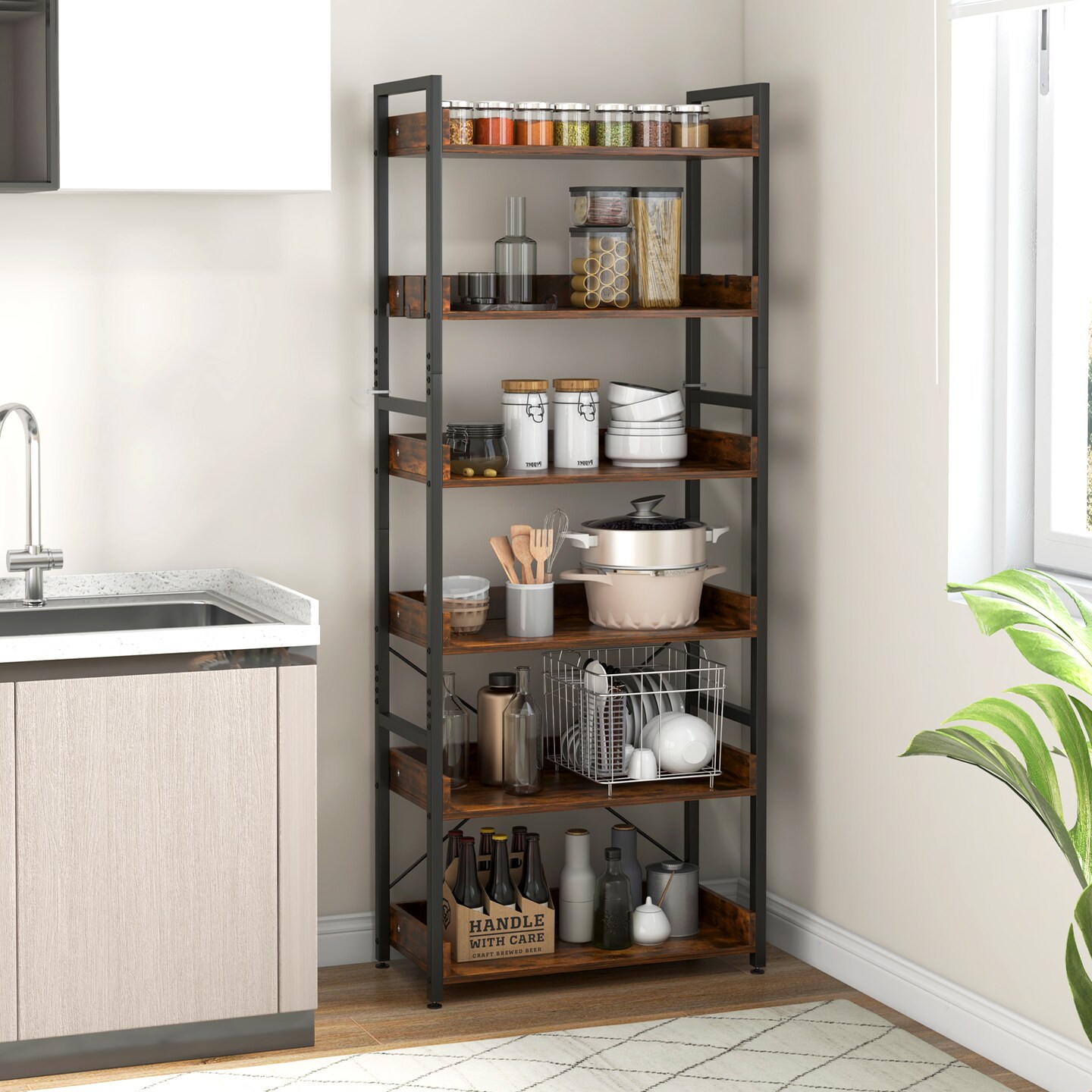 6-tier Tall Industrial Bookcase With Open Shelves And 4 Hooks