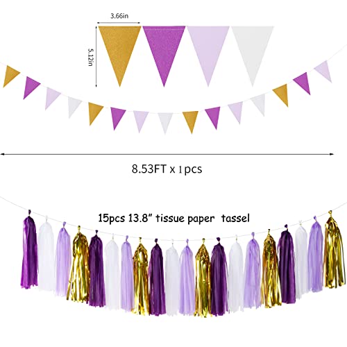 30 Pieces Purple Gold Valentines-Day Graduation Decorations - Kits Lavender White Paper Flowers,Banner Flags,Tassel Streamer Garland Engagement Girl Baby Bridal Shower Party Decoration Lasting Surprise