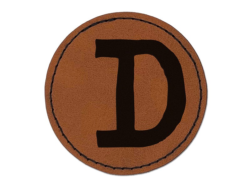 Letter D Uppercase Cute Typewriter Font Round Iron-On Engraved Faux Leather Patch Applique - 2.5&#x22;