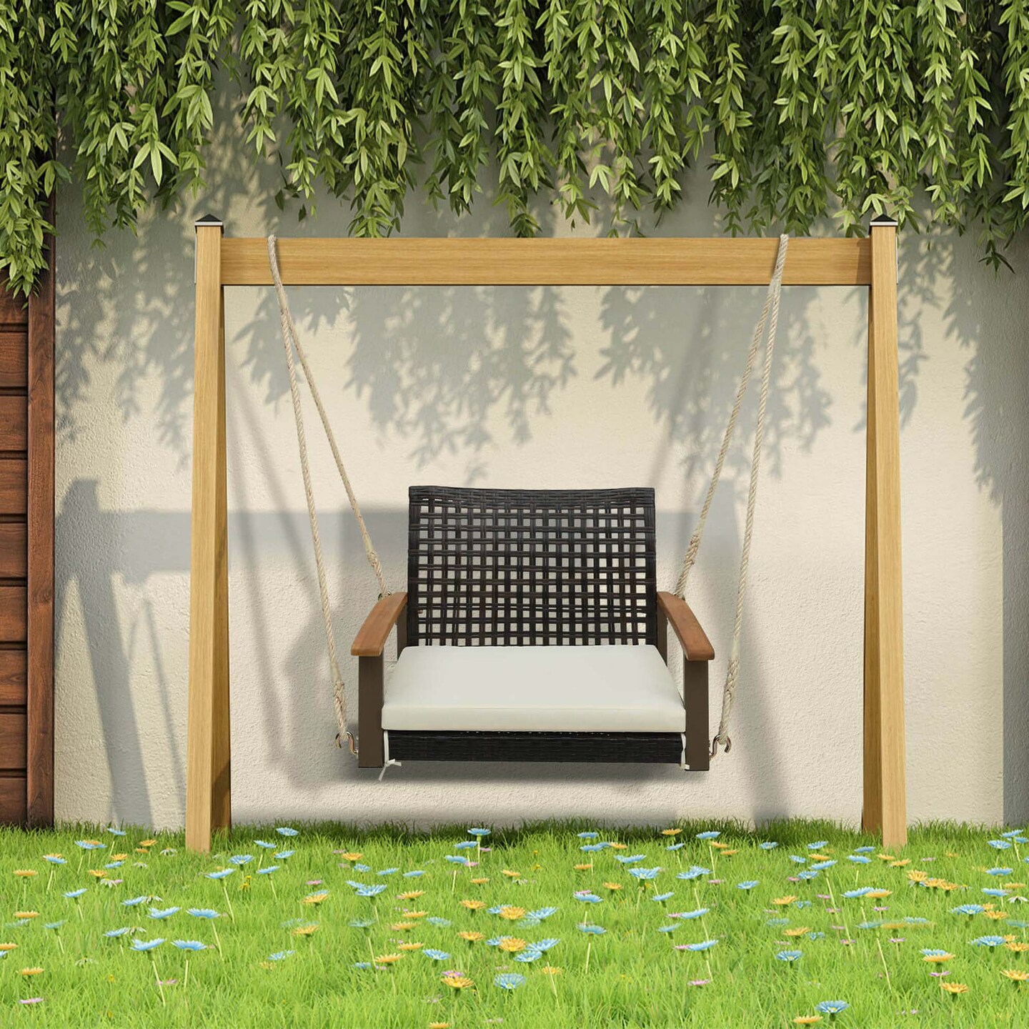 Costway Outdoor Single Swing Chair Bench 1 Person Rattan Porch Swing with Cushion