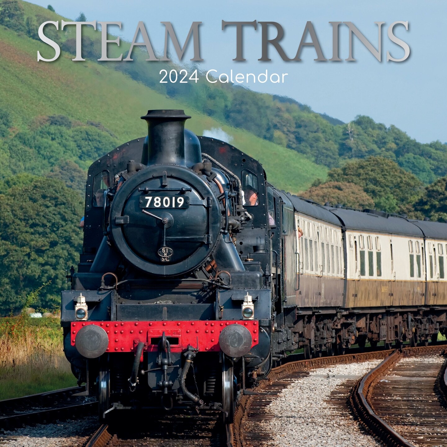 2024 Square Wall Calendar, Steam Trains, 16-Month Transport Theme with 180 Reminder Stickers (12x12 In)