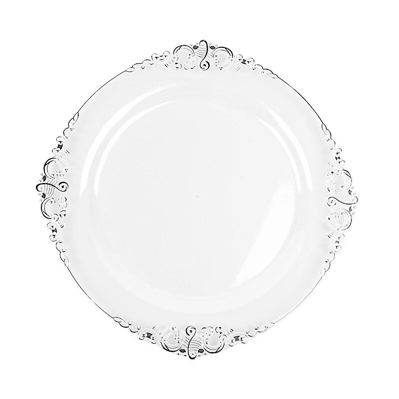 10 CLEAR SILVER 10&#x22; Round Plastic Salad Dinner PLATES Embossed Baroque Rim