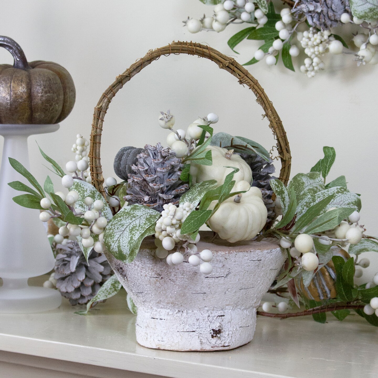 Northlight Gourds and Berries Fall Harvest Artificial Birch Basket ...