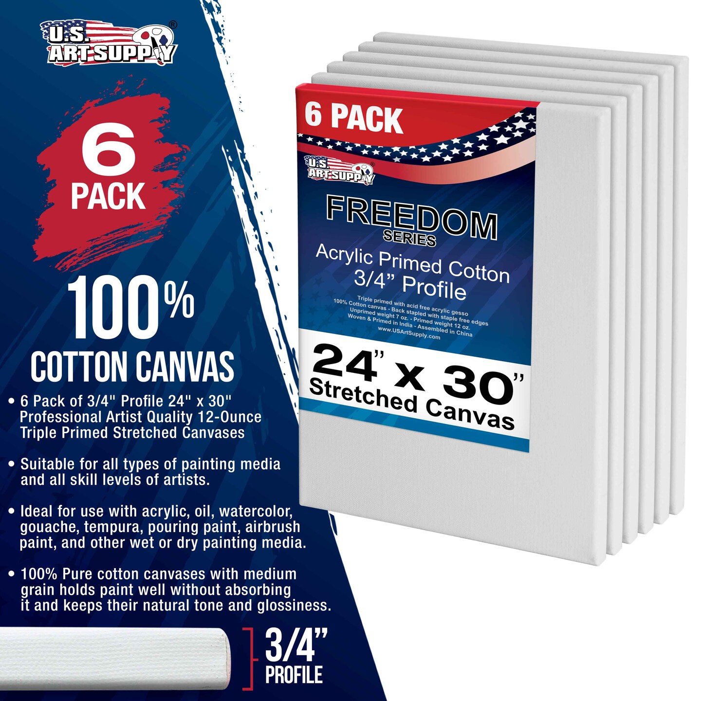 24 x 30 inch Stretched Canvas 12-Ounce Triple Primed, 6-Pack - Professional Artist Quality White Blank 3/4&#x22; Profile, 100% Cotton, Heavy-Weight Gesso