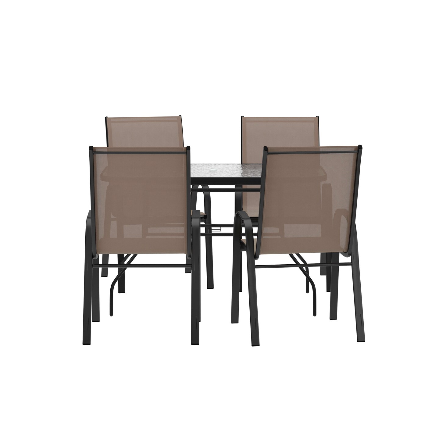 Merrick Lane Bardwell 5 Piece Outdoor Dining Table Set for 4 with Glass-Top Patio Table and 4 Stack Chairs with Flex Comfort Material