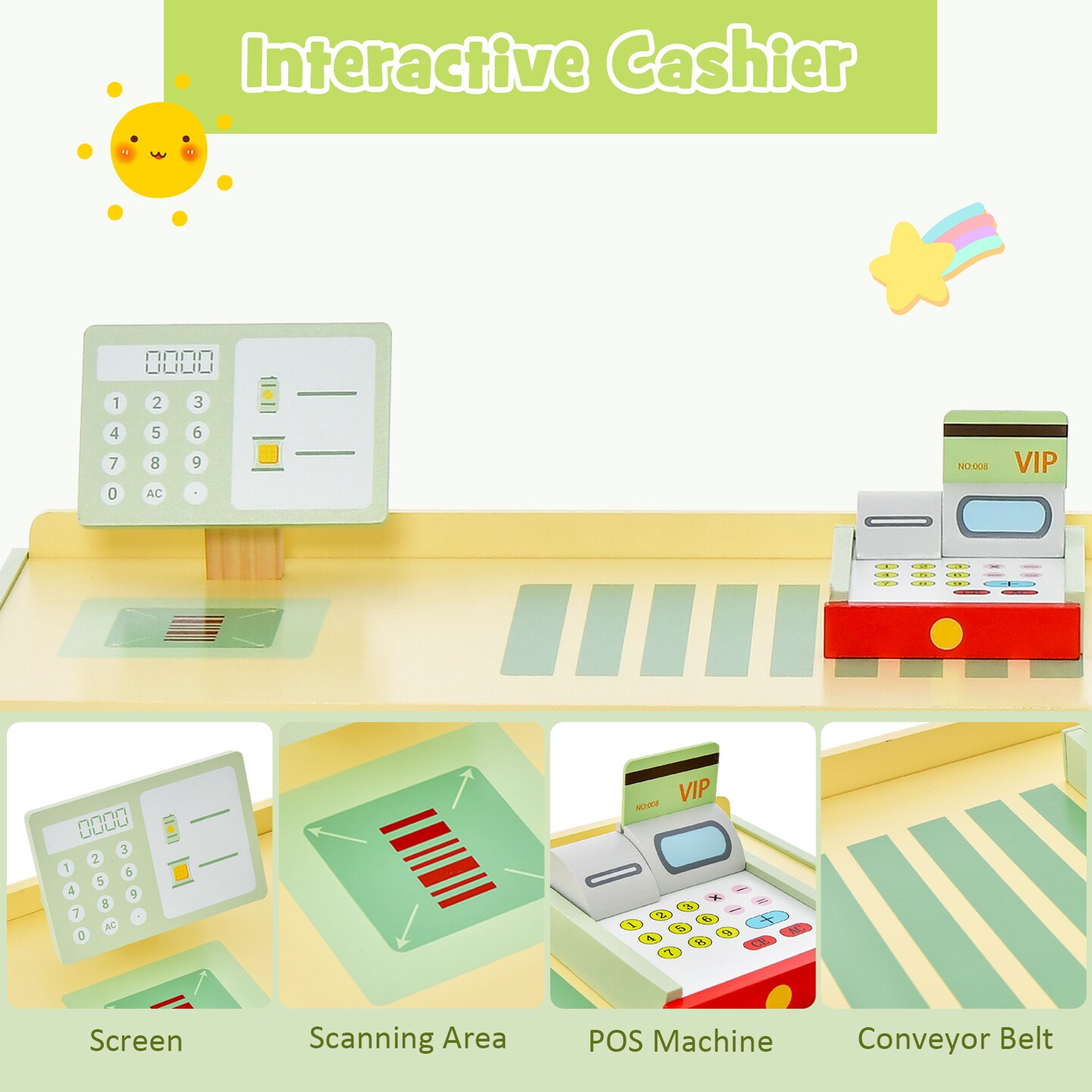 Kids Wooden Supermarket Play Toy Set With Checkout Counter-Green