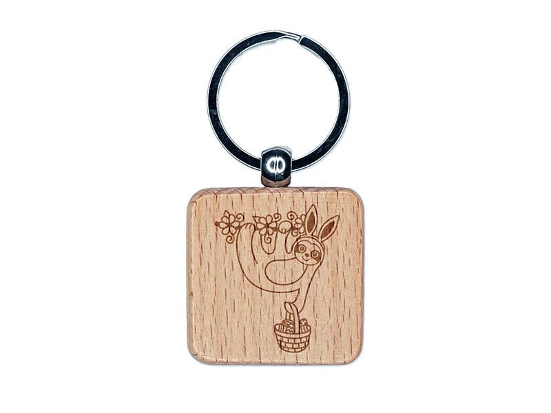 Easter Sloth with Bunny Ears and Basket Engraved Wood Square Keychain Tag Charm