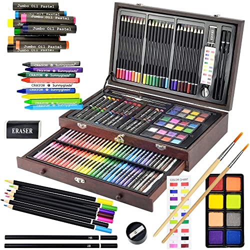 145 Piece Deluxe Art Set, Wooden Box &#x26; Drawing Kit with Crayons, Oil Pastels, Colored Pencils, Watercolor Cakes, Sketch Pencils, Paint Brush, Sharpener, Eraser, Color Chart (Cherry)