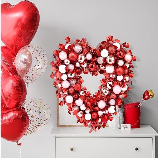 Valentines Day Red Pink White Heart Wreath with Tinsel Red Balls Decorations for Front Door Wedding Party Anniversary Wall Decor Gift Girlfriend Mother&#x27;s Day 17.7&#x27;&#x27; Heart Shaped Wreath