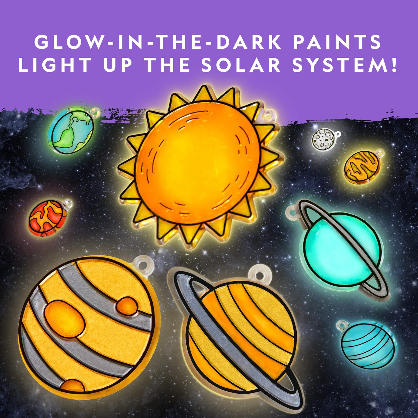 NATIONAL GEOGRAPHIC Kids Window Art Kit - Stained Glass Solar System Arts &#x26; Crafts Kit with Glow in The Dark Planets, Use as Window Suncatchers, Hanging Decor from Ceiling, Mobile, Space Room D&#xE9;cor