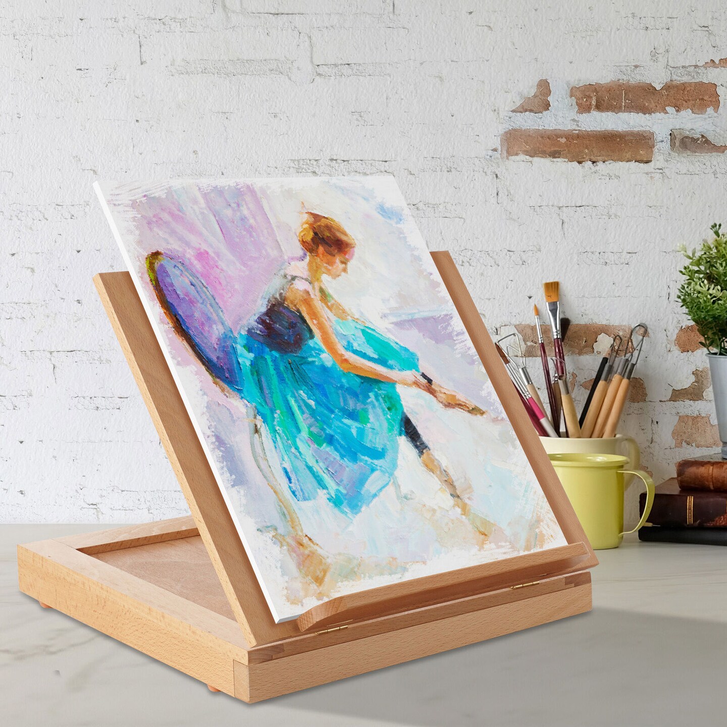 Adjustable Wood Tabletop Desktop Box Easel with Palette for Artists