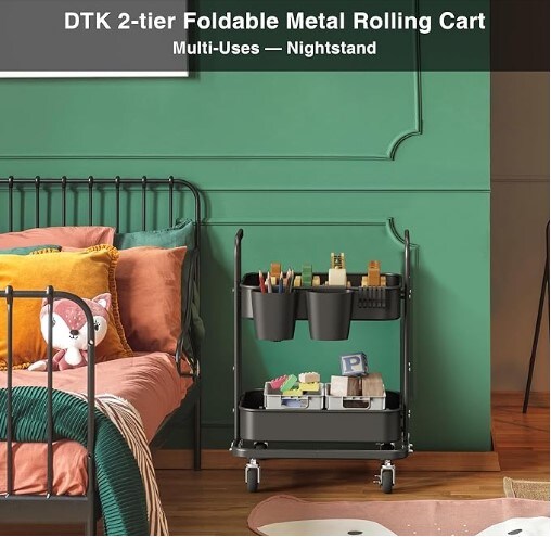 2 Tier Foldable Rolling Cart, Metal Utility Cart with Lockable Wheels, Folding Storage Trolley for Living Room, Kitchen, Bathroom, Bedroom and Office, Black