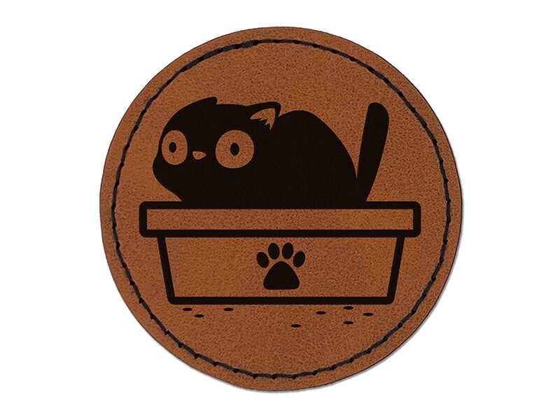 Cat Pooping Litter Box Funny Round Iron-On Engraved Faux Leather Patch Applique - 2.5&#x22;