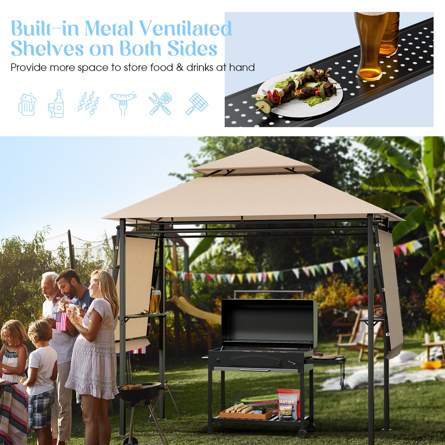 Patio BBQ Grill Gazebo Canopy with Dual Side Awnings