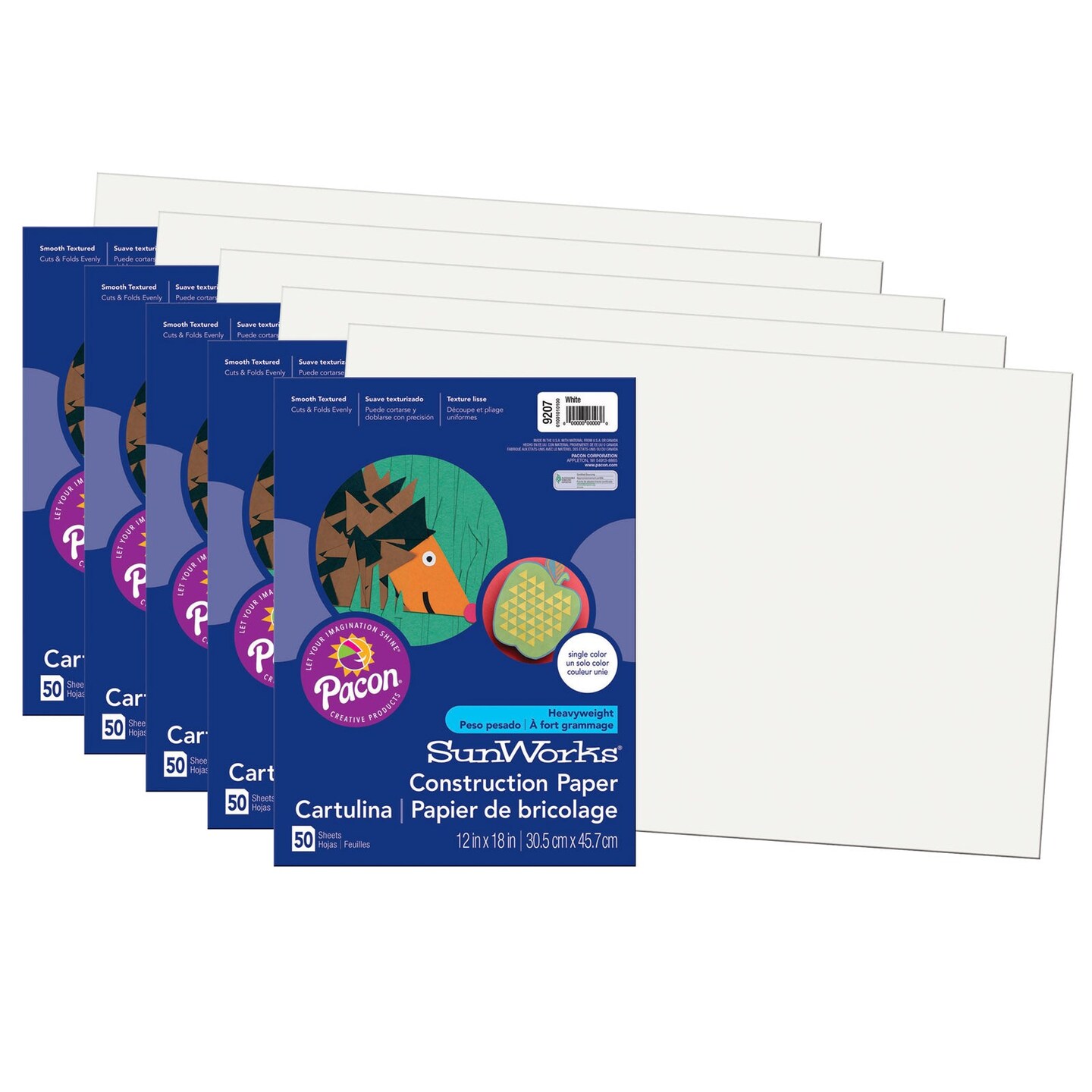 Construction Paper, White, 12&#x22; x 18&#x22;, 50 Sheets Per Pack, 5 Packs