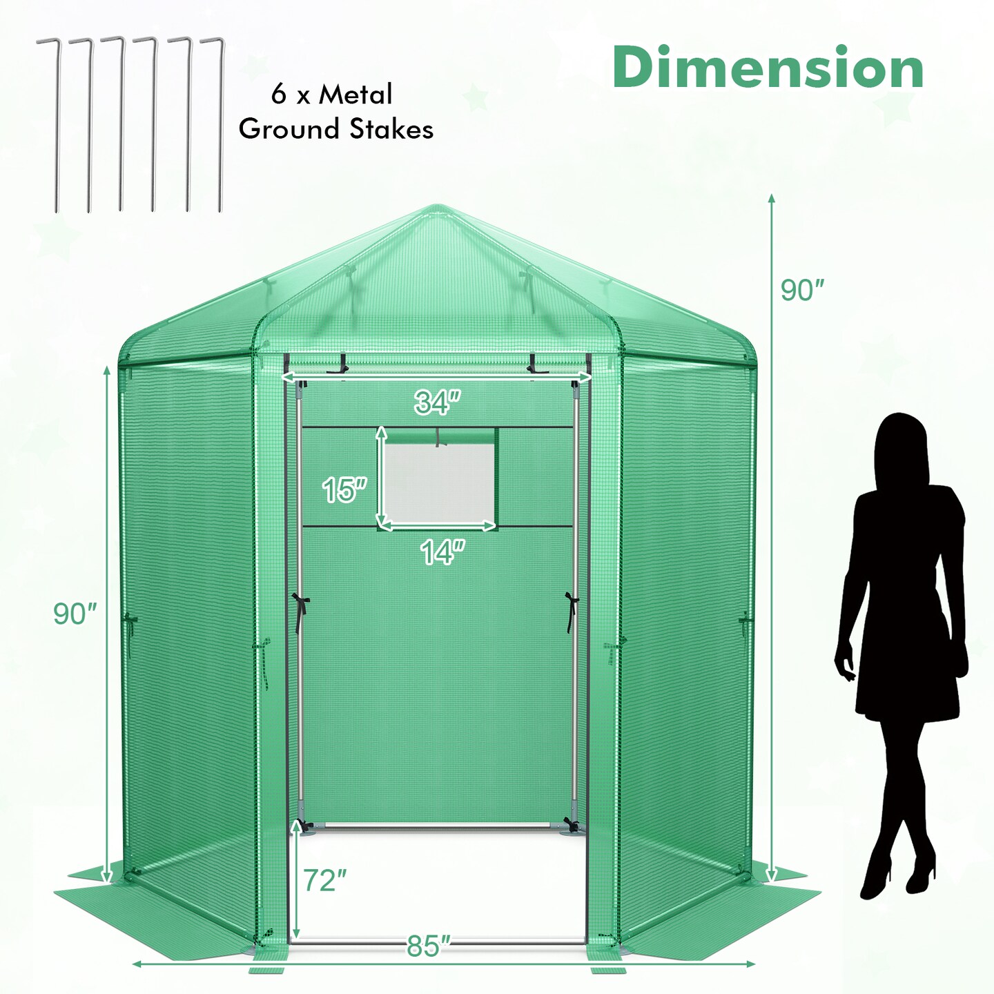 Walk-in Hexagonal Greenhouse With Pe Cover And Metal Frame