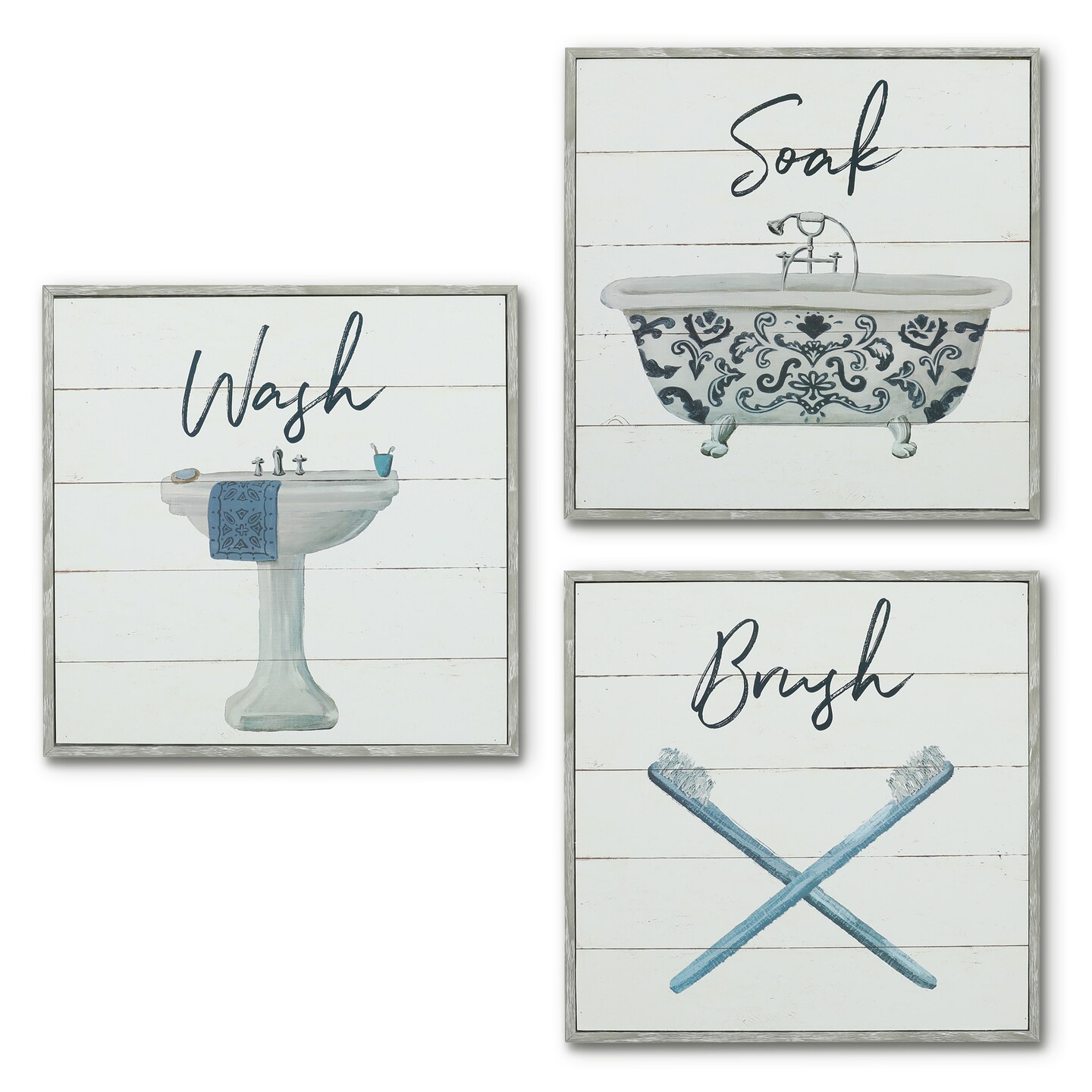 Americanflat Bathroom Signs 3PK - Wash, Soak, Brush - Three 10&#x22; Bathroom Signs for Wall Decor