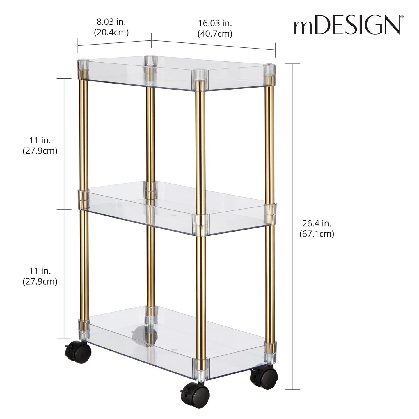 mDesign Slim 3-Tier Portable Household Rolling Cart with Wheels