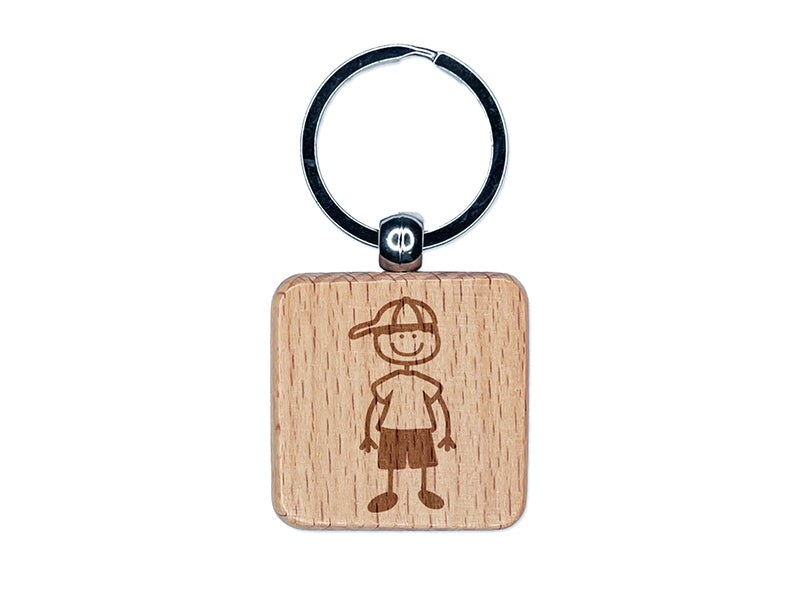 Stick Figure Boy Son Engraved Wood Square Keychain Tag Charm