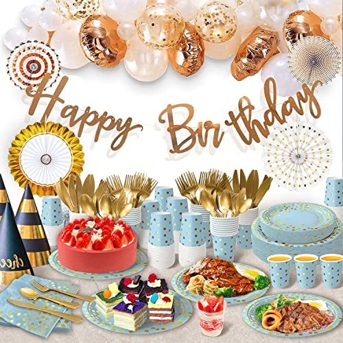 350 Pieces Blue and Gold Party Decorations 50 Guests Blue Paper Plates Plastic Forks Knives Spoons &#x26; Golden Dot Blue Party Plates Napkins Cups for 2023 Graduation Decorations Baby Shower Boy Birthday