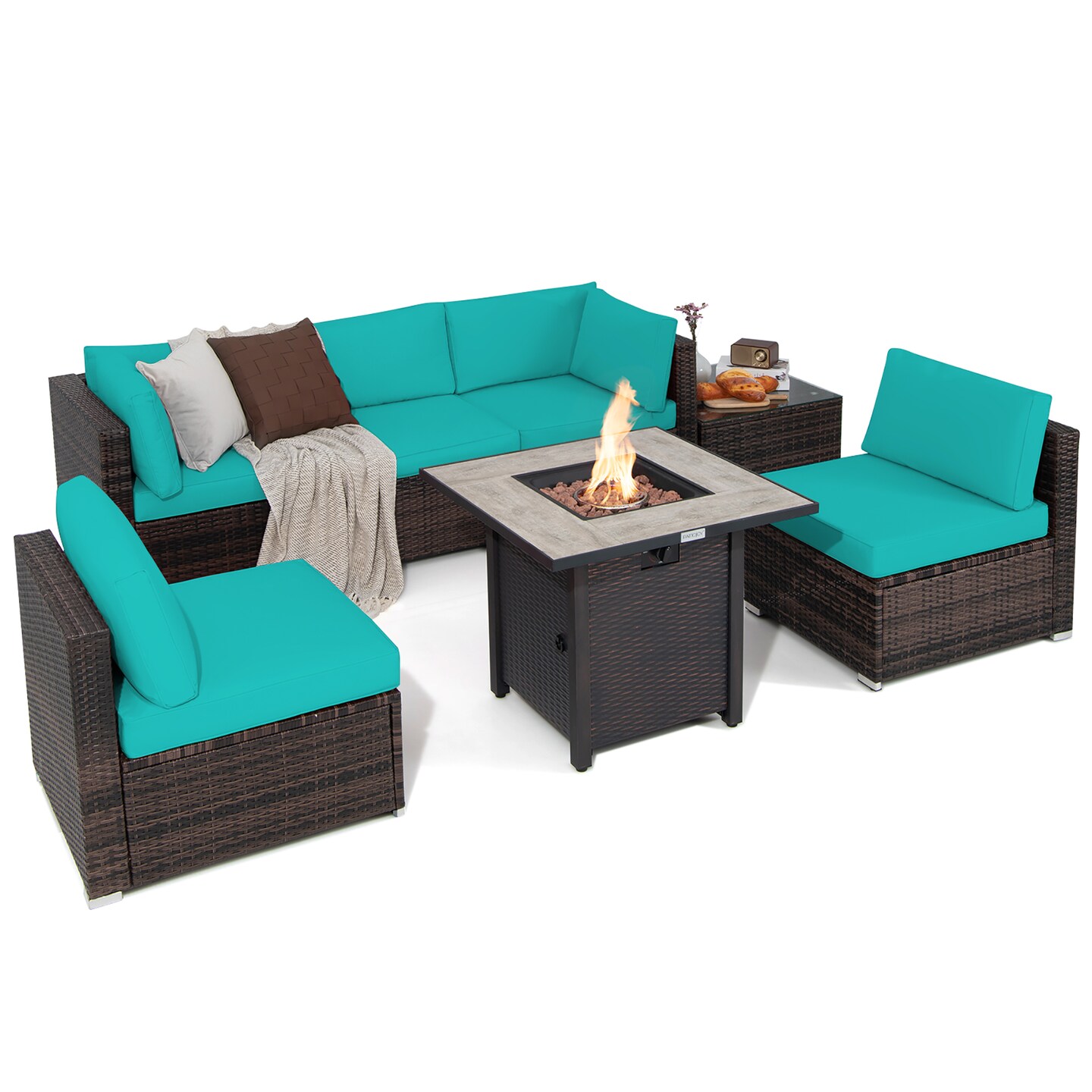 Costway 7PCS Patio Rattan Furniture Set 30'' Fire Pit Table Cover Cushion Sofa Off White\Black\Navy\Red\Turquoise