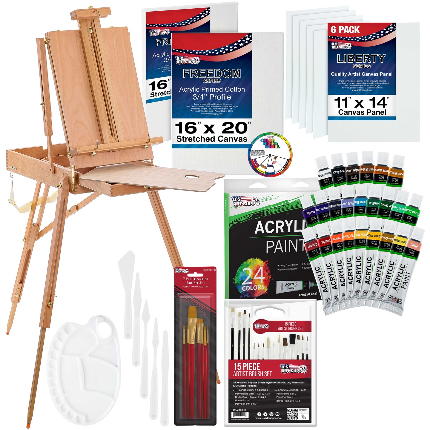 U.S. Art Supply 62-Piece Artist Acrylic Painting Set, Sketch Box Easel, 24 Acrylic  Paint Colors, 22 Brushes, 2 Stretched Canvases, 6 Canvas Panels