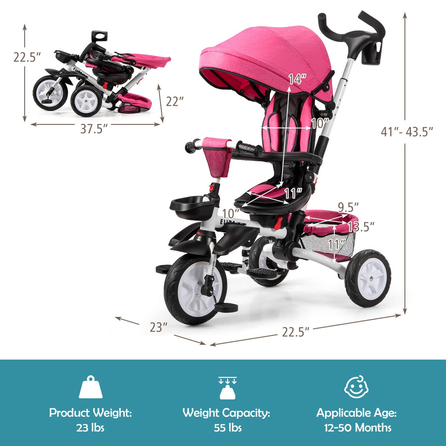 7-in-1 Detachable Baby Stroller with Canopy and Safety Harness