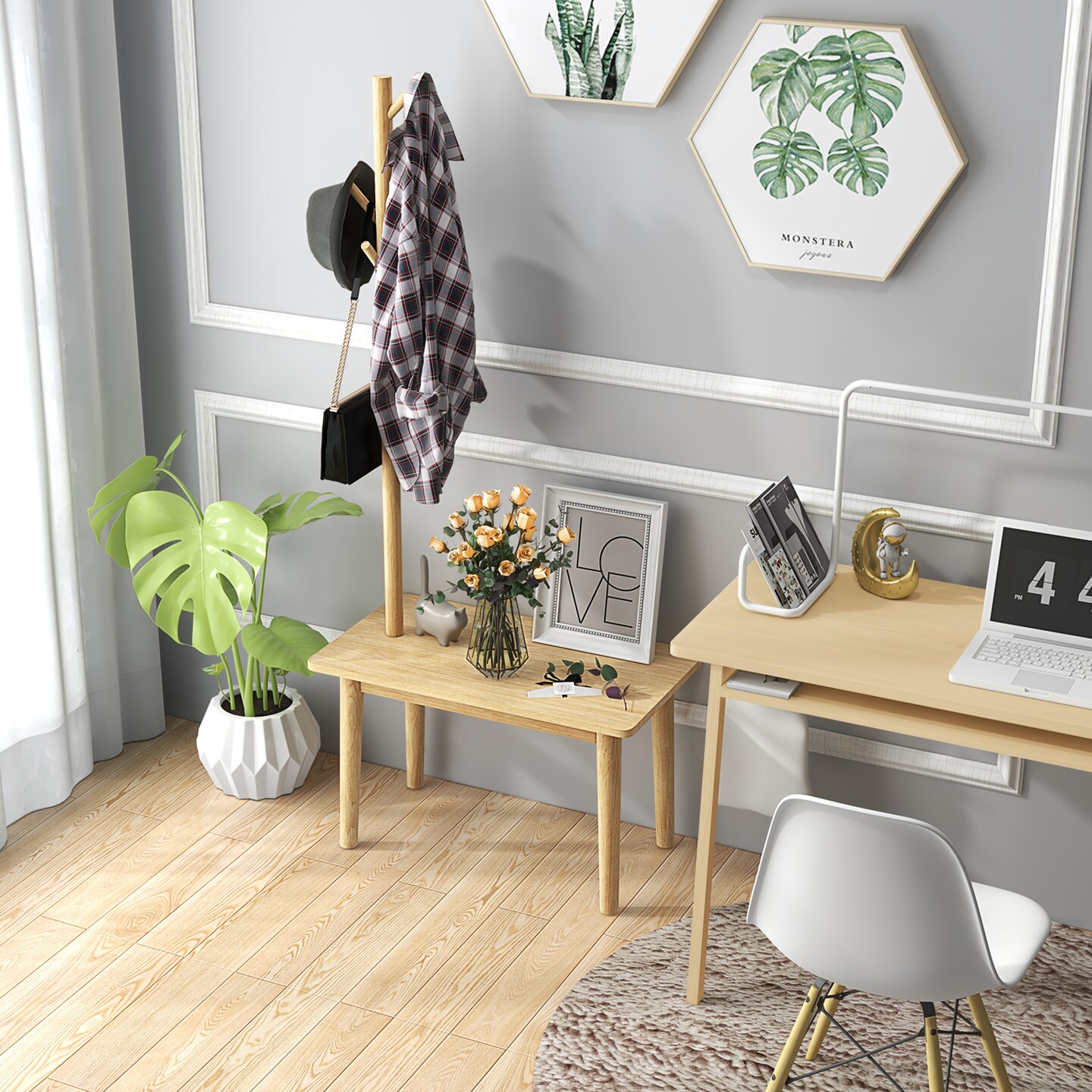 End Table With Coat Rack Solid Wood Coat Tree With 2-in-1 Side Table-natural
