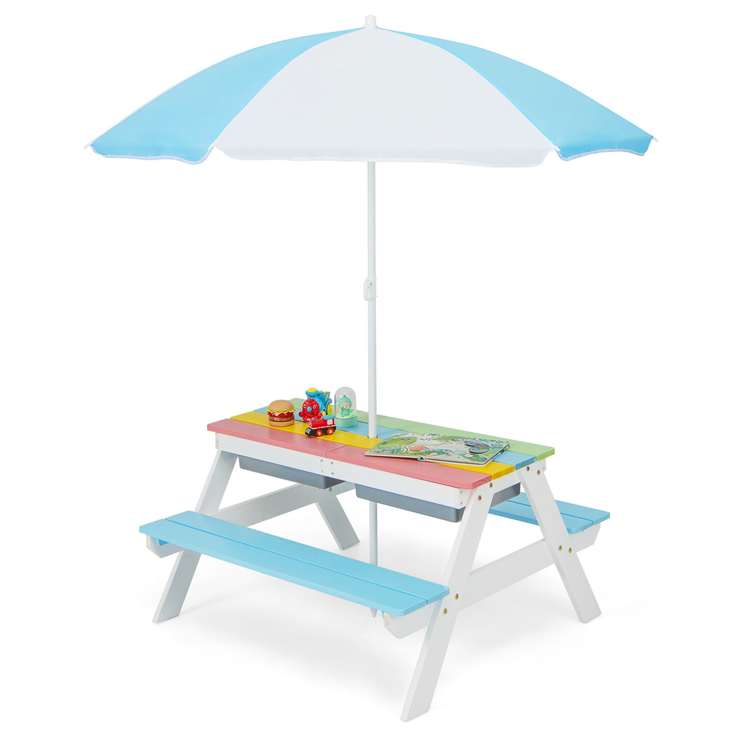 Costway 3-in-1 Kids Picnic Table Wooden Outdoor Sand &#x26; Water Table with Umbrella Play Boxes Natural/Blue/Green