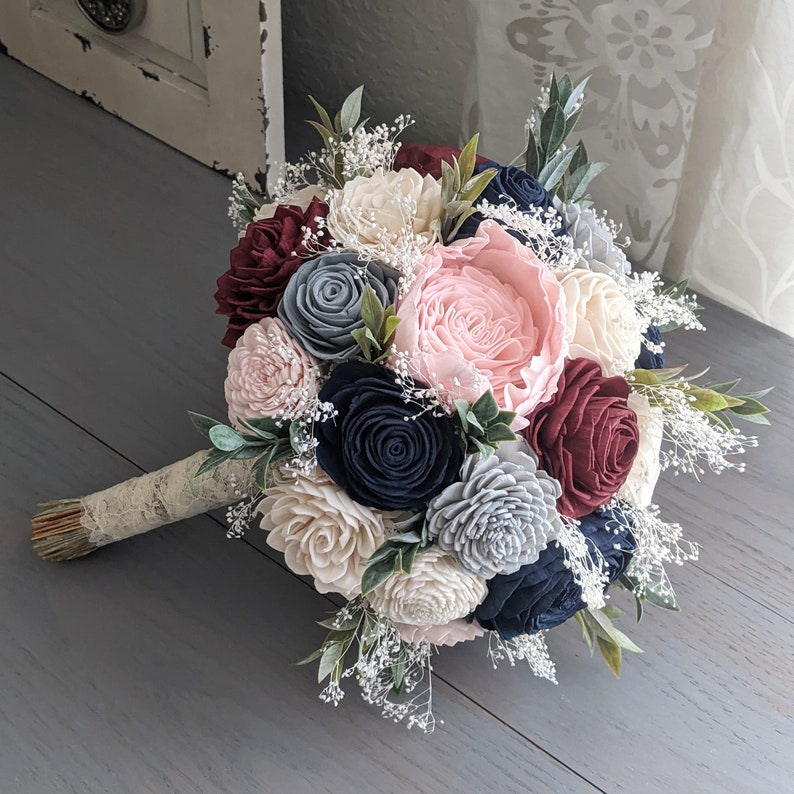 Burgundy navy blue store blush pink flowers Bridal bouquet