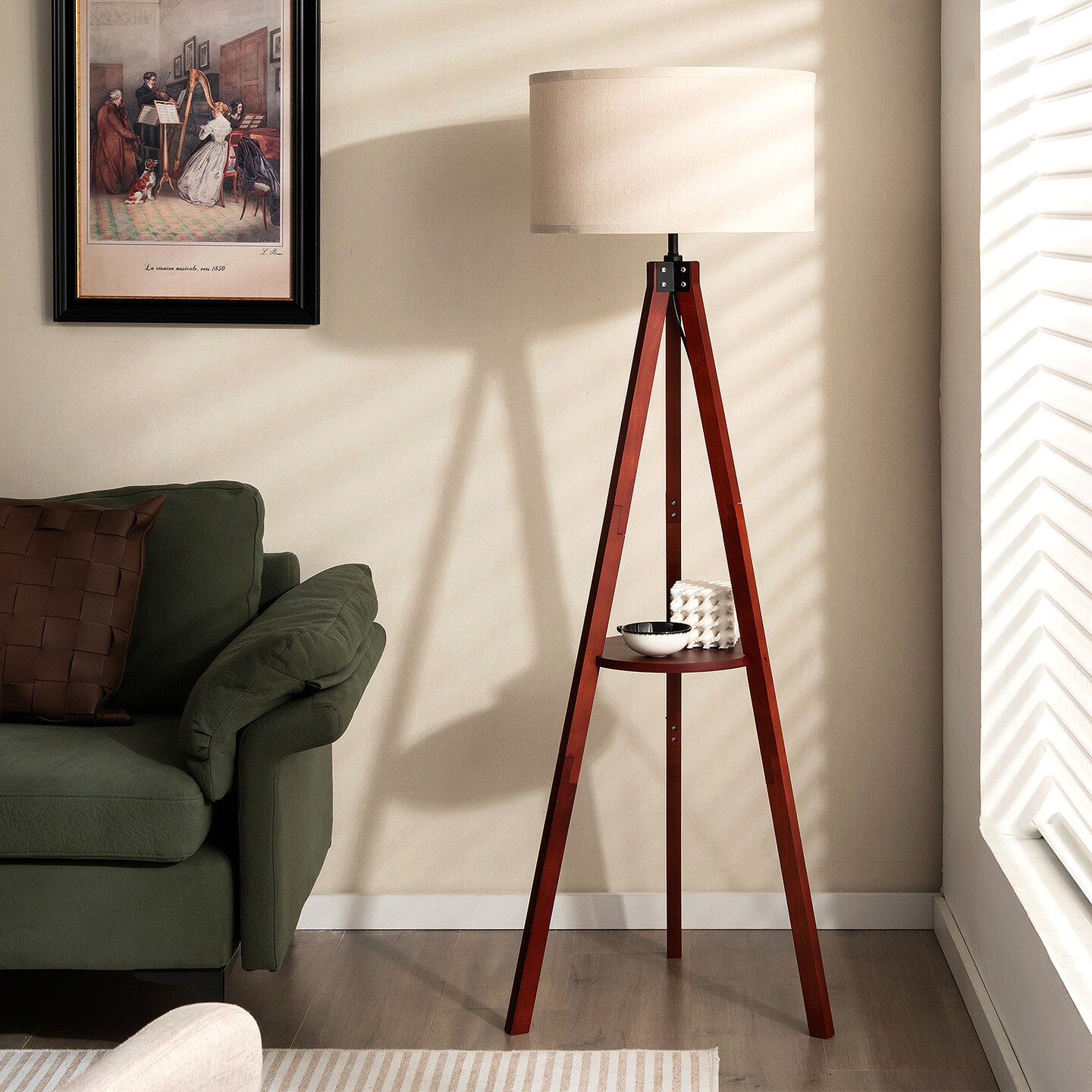 Brown Rubber Wood Linen Tripod Floor Lamp with Shelf and E26 Socket for Living Room and Bedroom