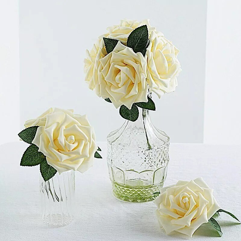 24 Cream 5&#x22; FOAM ROSE Flowers Stems Party Wedding Events Decorations