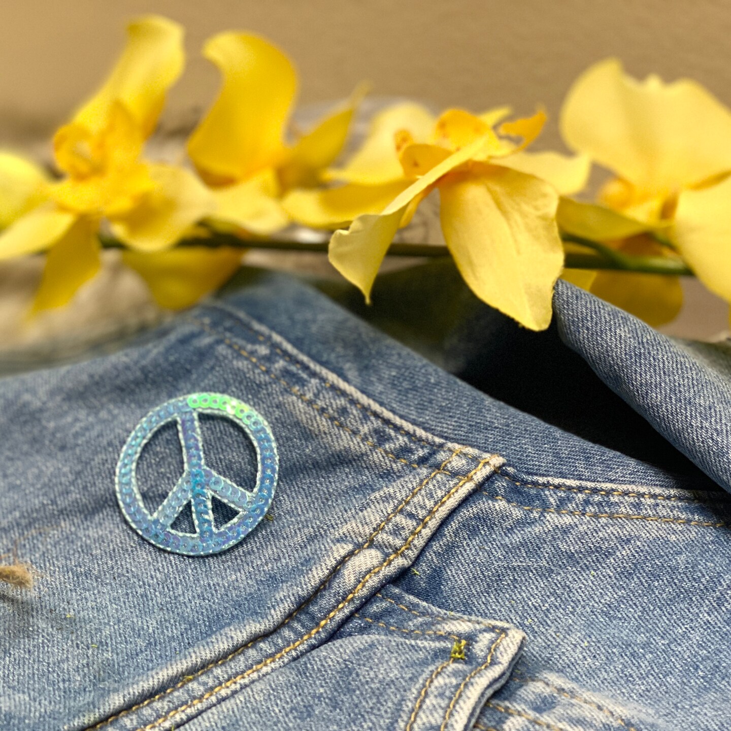 Light Blue Sequin Peace Sign, Embroidered, Iron on Patch