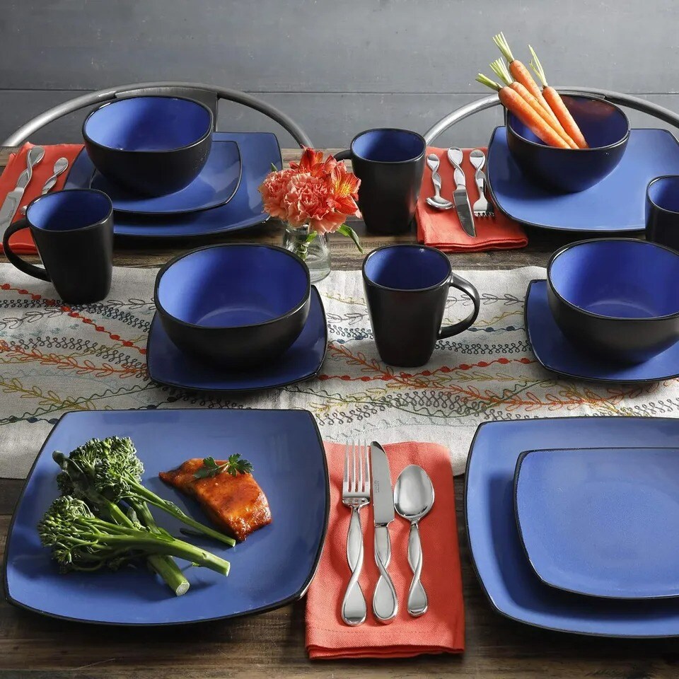 Gibson Soho Lounge 16 Piece Square Dinnerware Set, Blue