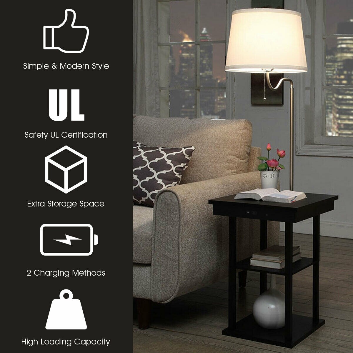 Floor Lamp Bedside Desk with USB Charging Ports Shelves