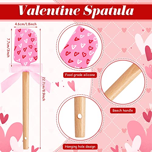 3 Pieces Valentine&#x27;s Day Silicone Spatulas with Wooden Handles Valentine Pattern Heat Resistant Baking Spatulas Silicone Spatulas with Pink Satin Ribbon Bows for Baking, Cooking and Sauteing