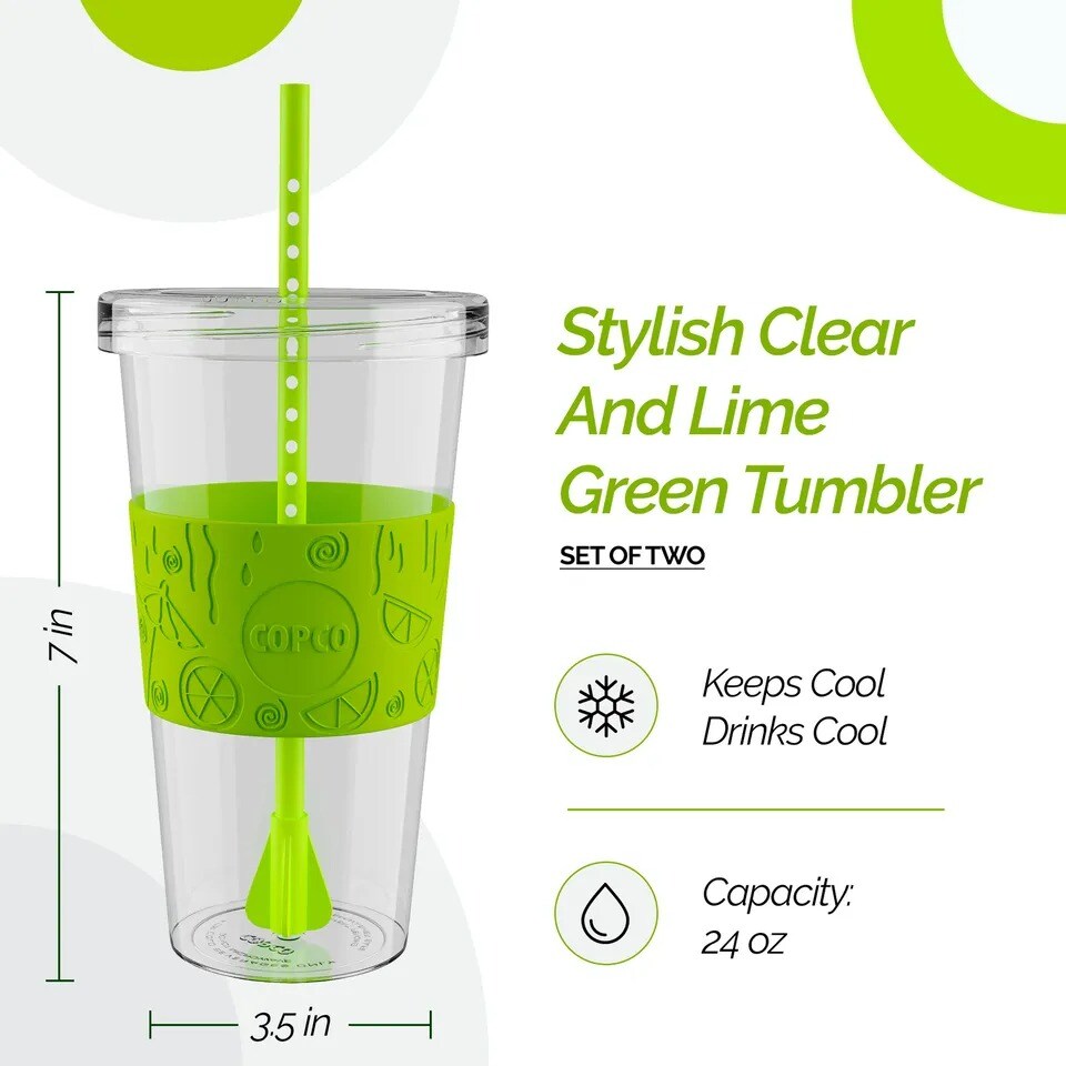 Copco Sierra Tumbler with Lid and Straw, Set of Two 24 oz (Clear/Lime)