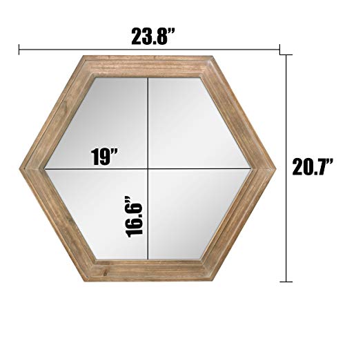 Decorative 24&#x22; Hexagon Hanging Wall Mirror with Natural Wood Frame and Attached Hanging Bracket, Rustic Farmhouse Decor for the Living Room, Bathroom, Bedroom, and Entryway Brown