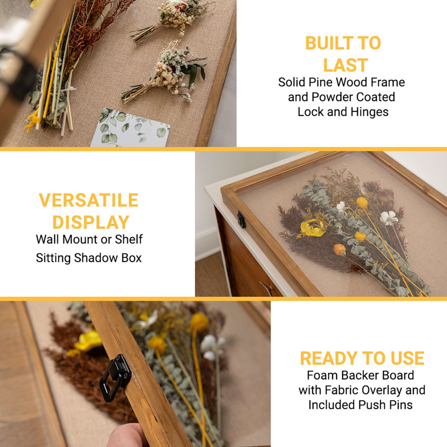 HBCY Creations Wood Shadow Box Display Case - Solid Wood with Acrylic Window - Security Latch - For Mementos and Keepsakes