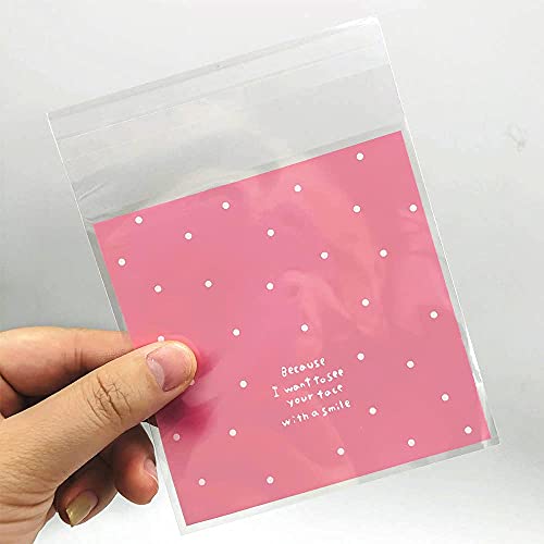 100 Pieces Lovely Small Self Adhesive Treat Bag Cellophane Bag Cookie Bag, Homemade, Party, Wedding Favor Bag, for Bakery, Biscuit, Candy - Pink (3.94" x 3.94")