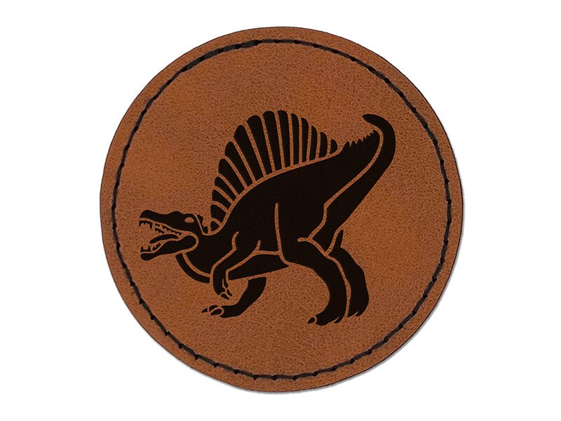 Spinosaurus Dinosaur Round Iron-On Engraved Faux Leather Patch Applique - 2.5&#x22;