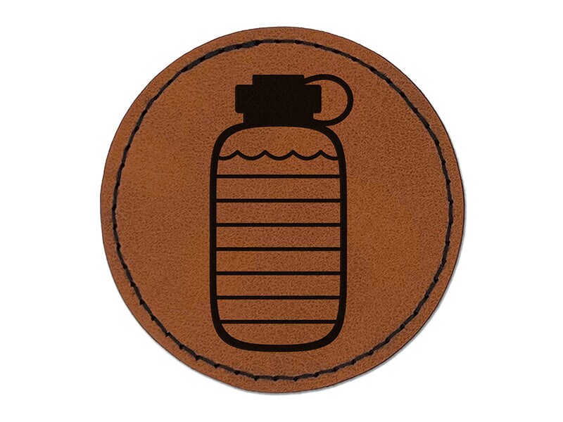 Hydration Tracker Water Bottle Round Iron-On Engraved Faux Leather Patch Applique - 2.5&#x22;