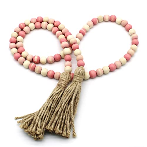 Wood Beads Garland with Tassels Farmhouse Rustic Wooden Prayer Bead String Wall Hanging Accent for Home Festival Decor. Pink Mix Distressed