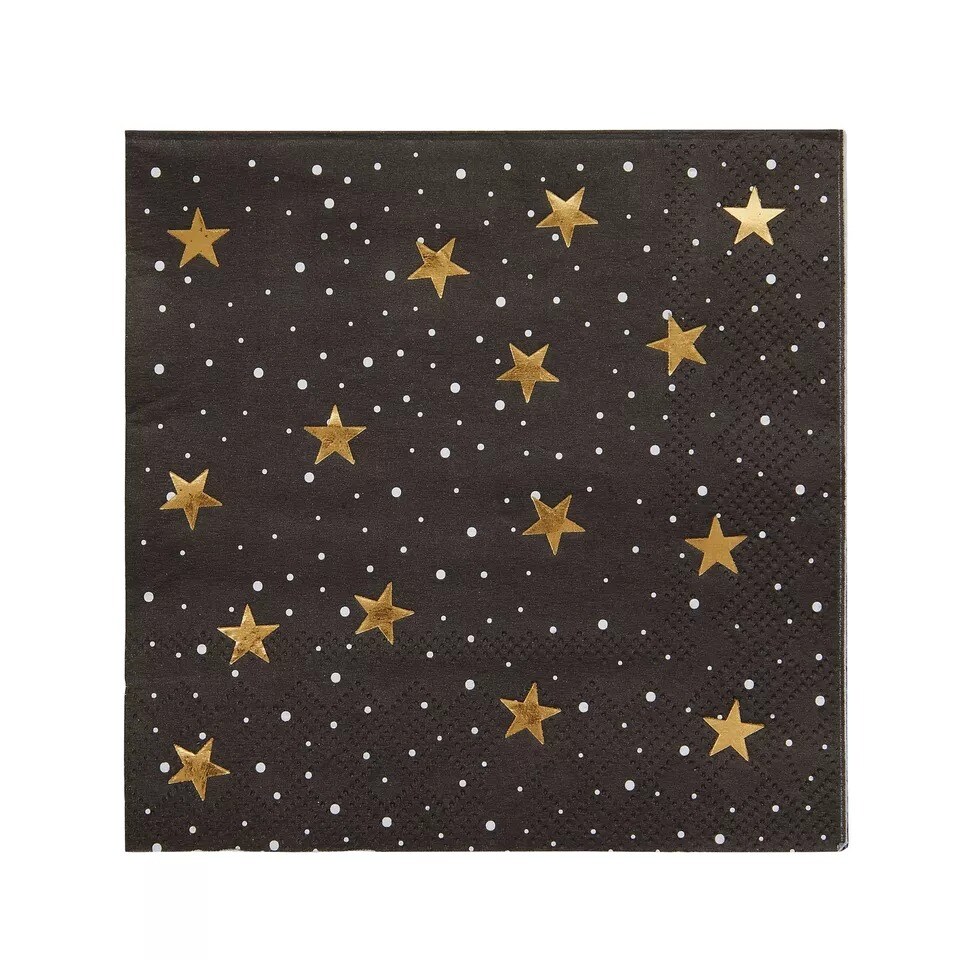 50 Pack Black &#x26; Gold Foil Star Cocktail Napkins