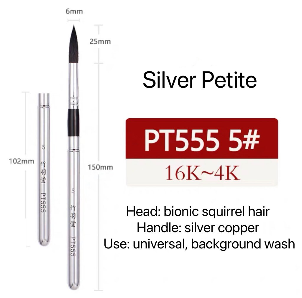 ZY TANG Silver Variety Bristle Travel Collapsible Mini Watercolor Brush Round, Flat Sliver Handle Vegan Brush Artists Gifts