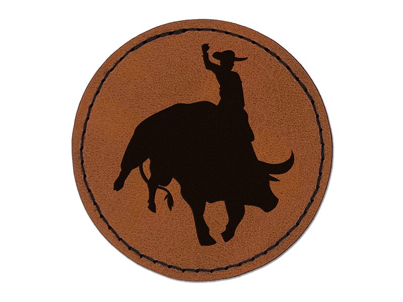 Rodeo Cowboy Riding on Bucking Bull Round Iron-On Engraved Faux Leather Patch Applique - 2.5&#x22;