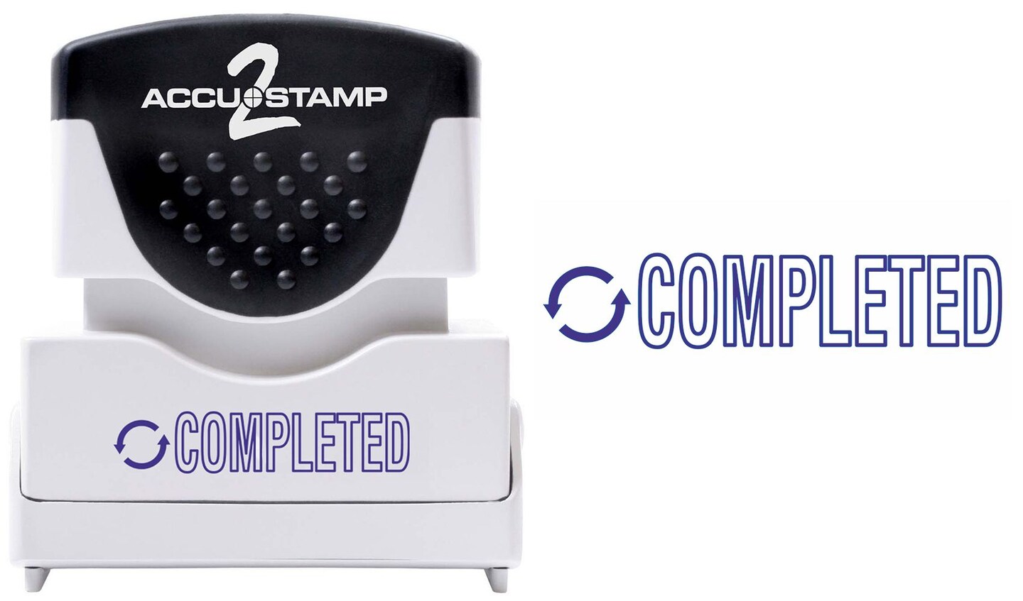 ACCUSTAMP2 Message Stamp, 1-color, Pre-inked, COMPLETED, 1-5/8&#x22; x 1/2&#x22; impression size, Blue Message and Symbol