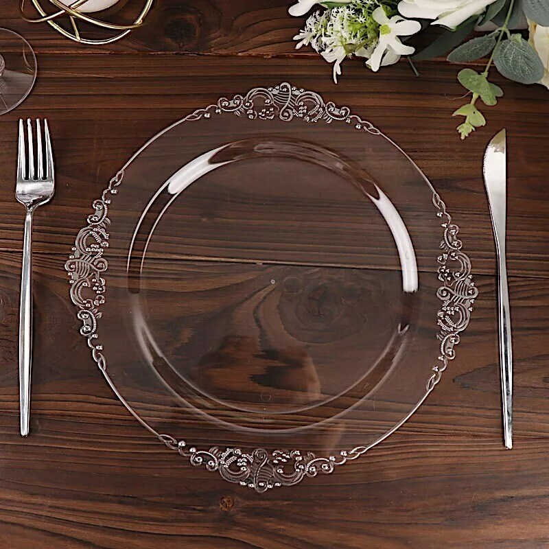 10 CLEAR SILVER 10&#x22; Round Plastic Salad Dinner PLATES Embossed Baroque Rim