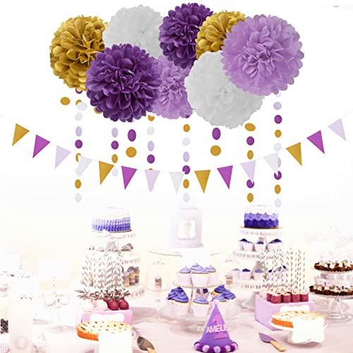 30 Pieces Purple Gold Valentines-Day Graduation Decorations - Kits Lavender White Paper Flowers,Banner Flags,Tassel Streamer Garland Engagement Girl Baby Bridal Shower Party Decoration Lasting Surprise