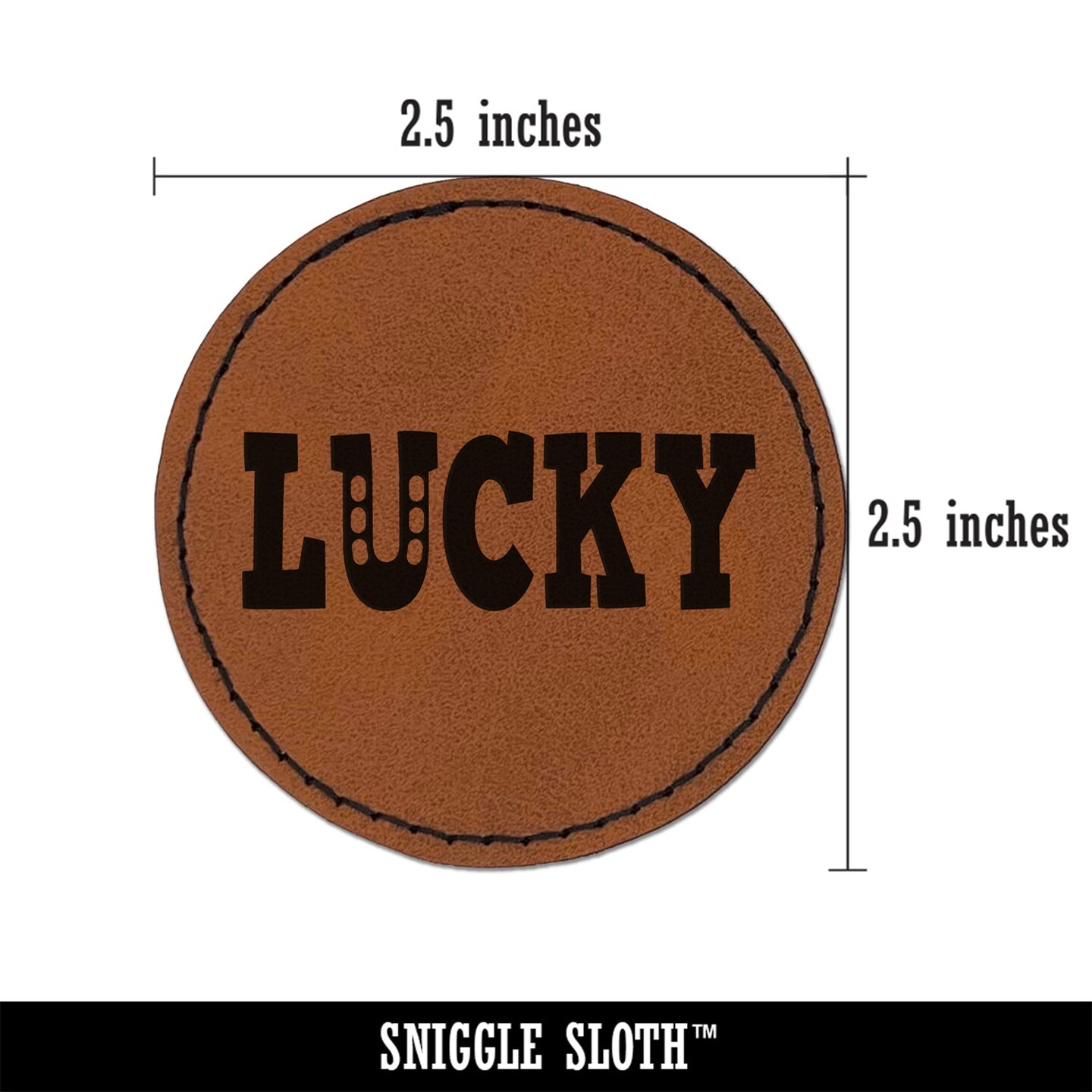 Lucky with Horseshoe Fun Text Round Iron-On Engraved Faux Leather Patch Applique - 2.5&#x22;